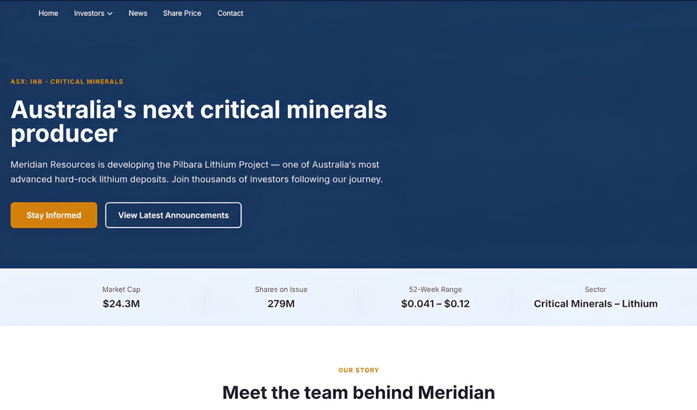 Branded investor portal example for Meridian Resources with ASX share price, hero section, and key stats