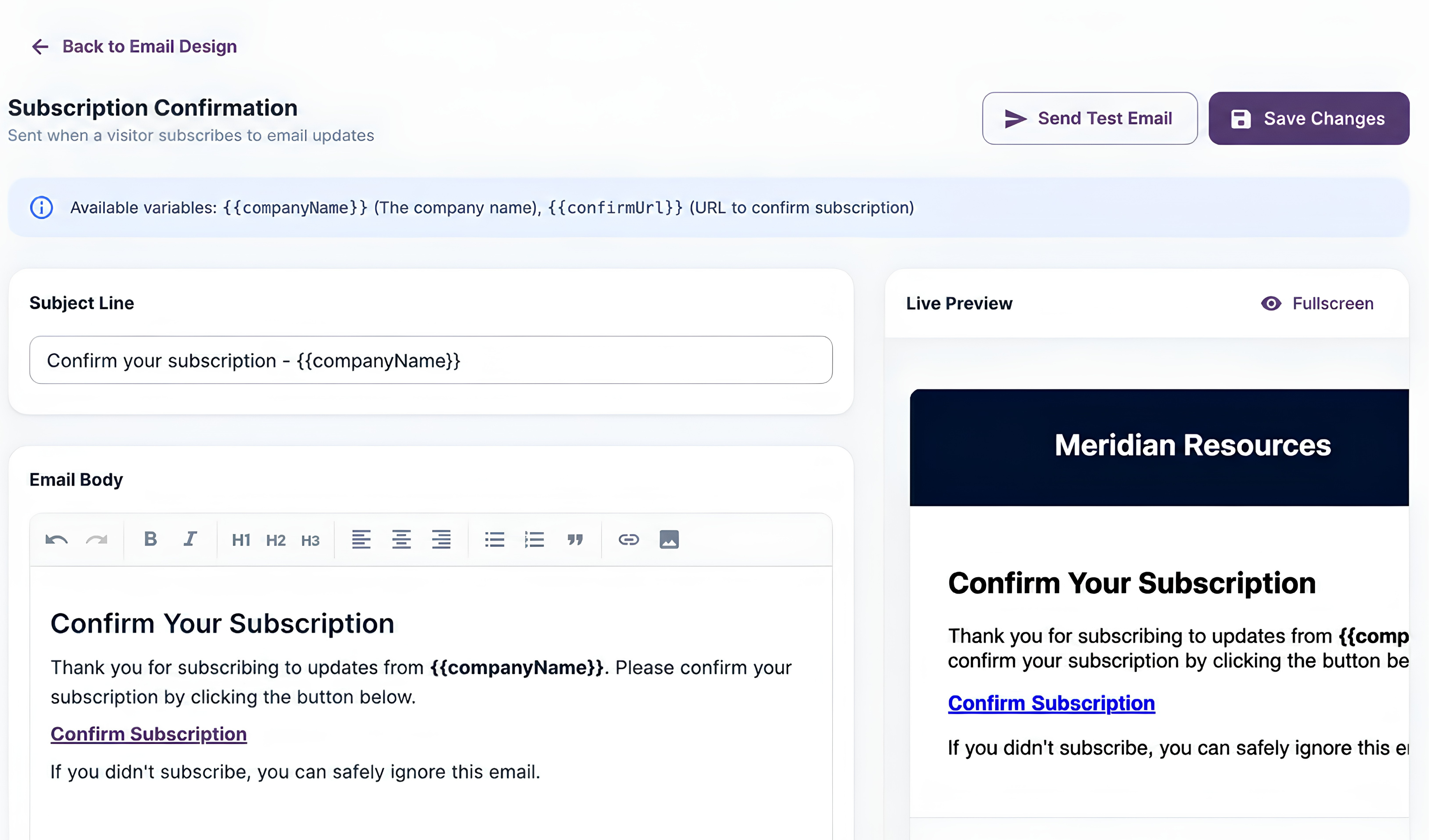 Rally subscription confirmation email editor showing subject line, email body, and live branded preview for Meridian Resources